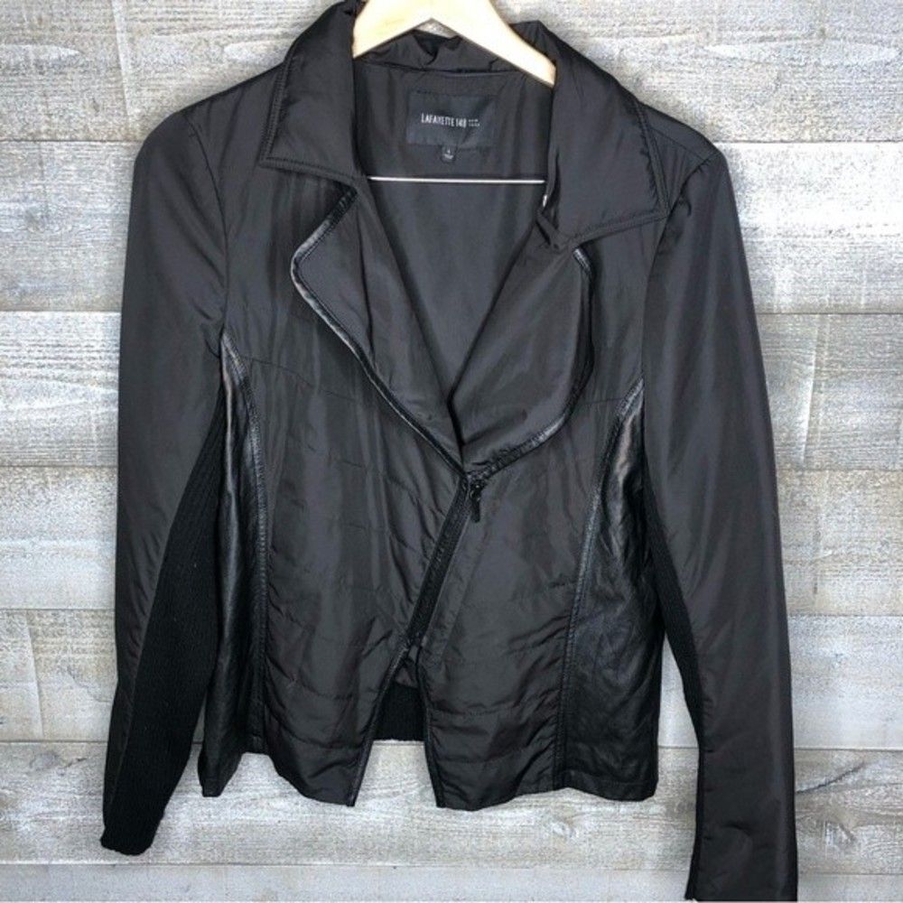 Lafayette 148 large black 100% wool exterior side zipper moto jacket